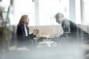 Male and female professionals discussing while sharing ideas in cafe - JOSEF05227