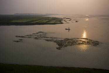 Luftaufnahme eines Fischers in einem Kanu, der einem Entenschwarm auf dem Baulai-Fluss im Bundesstaat Sylhet, Bangladesch, folgt. - AAEF10393