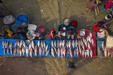 Luftaufnahme von Menschen auf einem lokalen Fischmarkt mit bunten Basaren auf dem Land in der Nähe von Gabtali, Rajshahi, Bangladesch. - AAEF10441