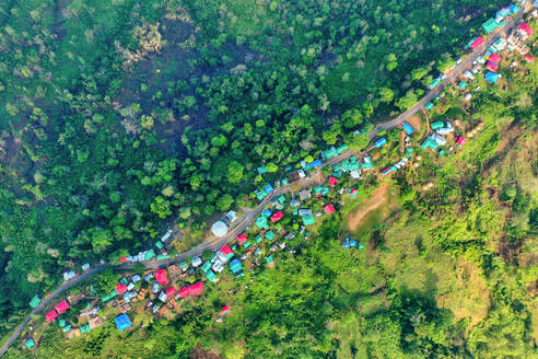 Aerial view of Lushai, an heritage small village in Sajek Valley, near Bagaichhari township, Chittagong, Bangladesh. - AAEF10923