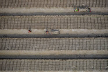 Aerial view of a brick factory from above, people working arranging the bricks near Keraniganj township, Dhaka province, Bangladesh. - AAEF11121