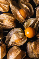 Draufsicht auf einen nahtlosen Hintergrund aus orangefarbenen Physalis, die in Reihen auf einem schwarzen Tisch angeordnet sind - ADSF28073