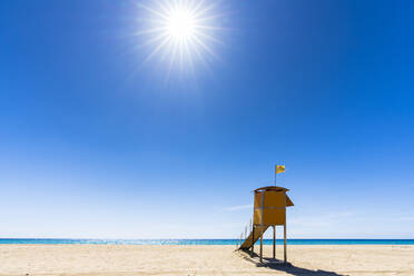 Sun shining over the lifeguard's cabin by the ocean, Morro Jable, Fuerteventura, Canary Islands, Spain, Atlantic, Europe - RHPLF20456