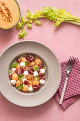 Von oben exotische Melone, Mozzarella und Prosciutto Salat auf rosa bunten Hintergrund - ADSF28196