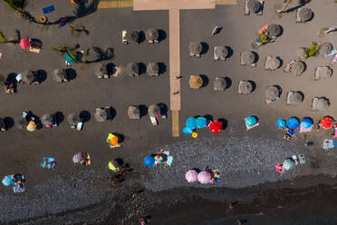 Aerial view of black sanding volcanic beach in Playa San Juan, Tenerife, Canary islands, Spain. - AAEF11446