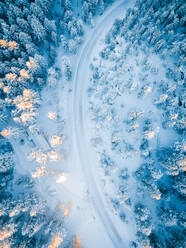 Luftaufnahme einer Straße durch verschneite Wälder in der Nähe von Denver, Colorado, USA. - AAEF11519