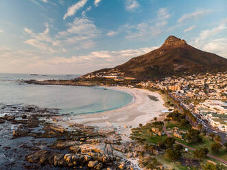 Aerial view of Camps Bay beach and Lions Head Mountain at sunset, Cape Town, South Africa - AAEF11710