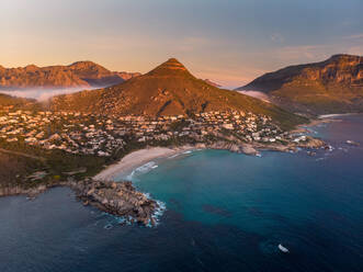 Aerial view of Llandudno beach at sunset, Cape Town, South Africa - AAEF11722