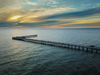 Aerial view of wooden bridge to the Baltic sea in Palanga, Lithuania - AAEF11736