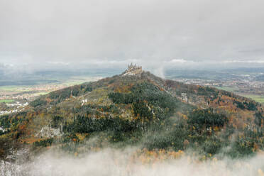 Aerial view of Hohenzollern Castle, atop Mount Hohenzollern, south of Hechingen, Swabian Jura, Baden-W√ºrttemberg, Germany. - AAEF11772