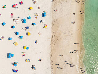 Aerial view of beach goers at Camps Bay Beach a Bue Flag beach, Cape Town, South Africa. - AAEF11988