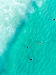 Aerial view of surfers in clear Atlantic Ocean at Llandudno beach, Cape Town, South Africa. - AAEF11998