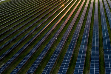 Luftaufnahme von Solarmodulen in einem Solarfeld in Micco, Sebastian, Florida, Vereinigte Staaten. - AAEF12044