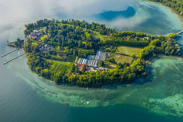 Aerial view of the beautiful little island of Mainau on Lake Constance near the small city of Konstanz, Germany. - AAEF12095