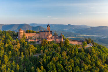 Aerial view of the Chateau du Haut-Koenigsbourg castle at sunset, Orschwiller, France. - AAEF12112