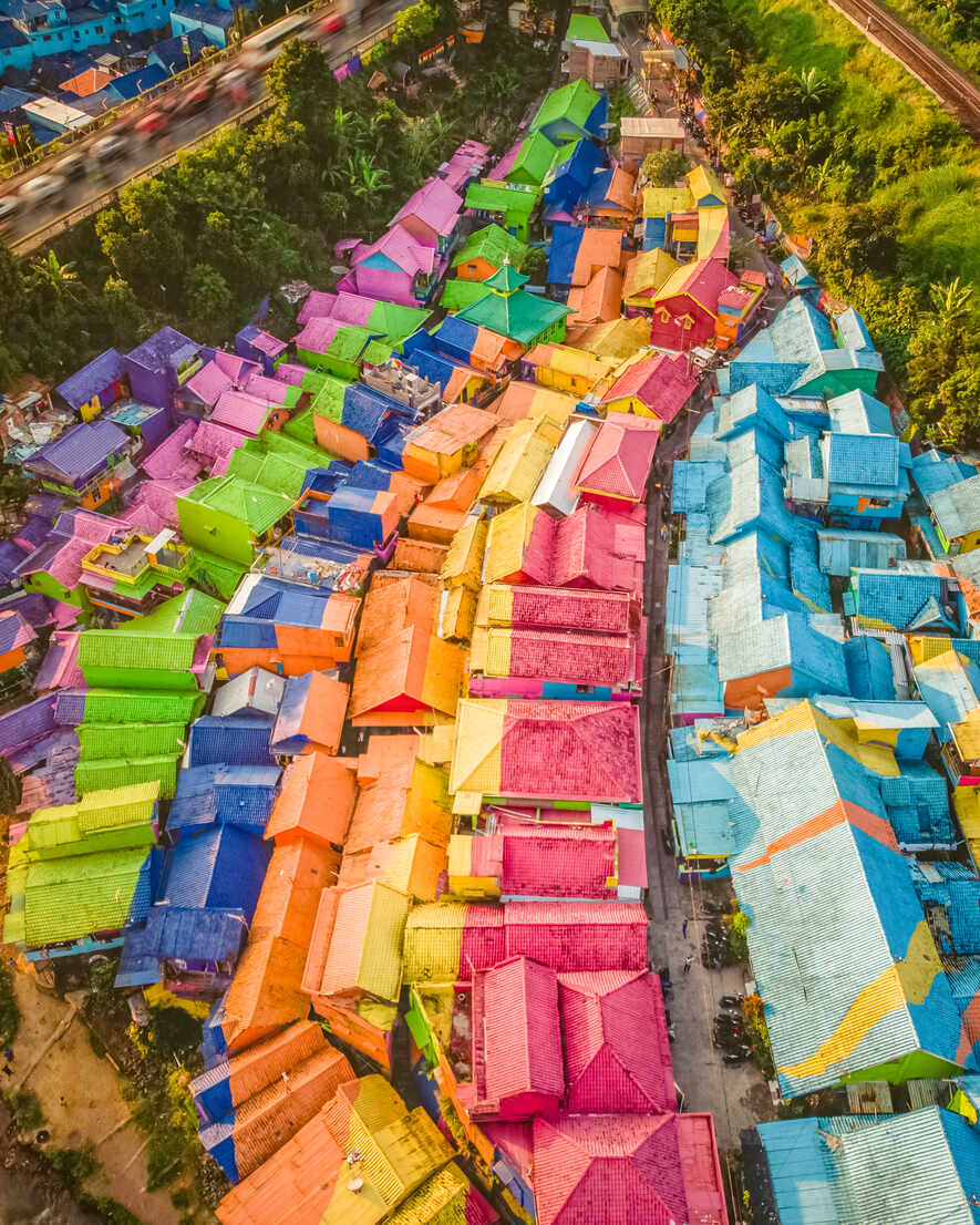 Aerial view of Kampung Warna Jodipan, a village painted with vibrant