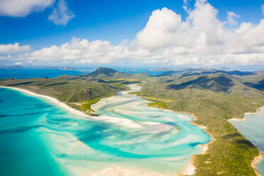 Aerial view of Whitsunday Island landscape with paradise beaches and crystal clear blue ocean water, Queensland, Australia. - AAEF12195