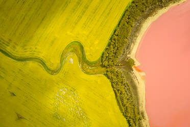 Luftaufnahme des Ufers des Pink Lake, eines Salzsees mit einer kleinen Bachmündung bei Dimboola, Victoria, Australien. - AAEF12205