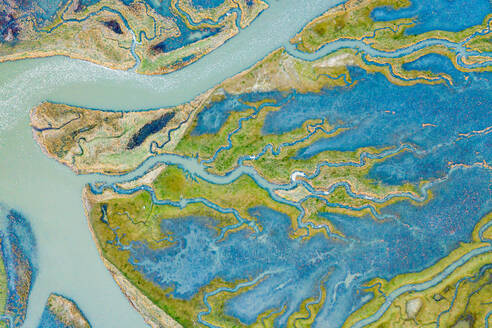 Aerial view of the abstract pattern made by Scheldt river estuaries near Belgium and The Netherlands border, Nieuw-Namen, Zeeland, The Netherlands. - AAEF12272