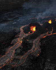 Aerial view of fresh lava streams from volcano eruption in Geldingadalur, Iceland. - AAEF12277