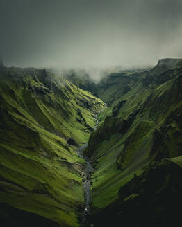 Aerial view of stunning valley landscape and river in the Southern region, Iceland. - AAEF12289