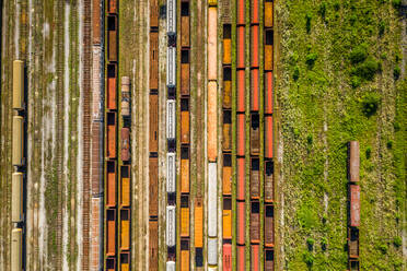 Aerial view of cargo trains stationed on rail tracks. - AAEF12294