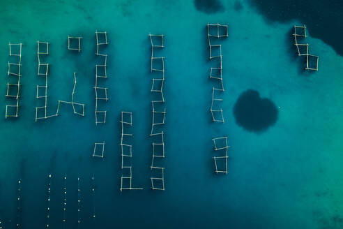 Aerial view of Oyster farm in the bay of Ston, Croatia. - AAEF12316