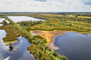 Luftaufnahme von teilweise ausgetrockneten Seen und Wald, Engbertsdijksvenen, Twente, Overijssel, Niederlande - AAEF12370