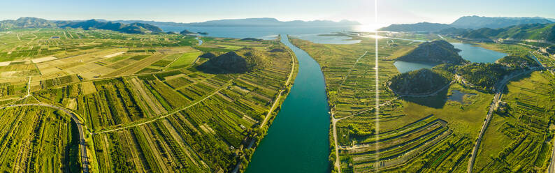Panoramic aerial view of the Neretva delta valley river near Ploce, South Dalmatia, Croatia. - AAEF12474