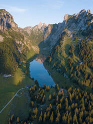 Luftaufnahme des idyllischen Schweizer Alpsees in Alpstein, Schweiz - AAEF12513