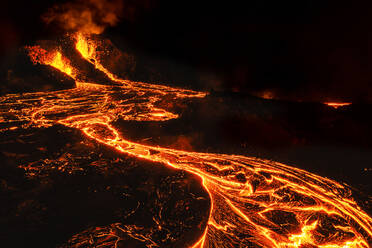 Aerial view of the recent active volcano in the Geldingadalir valley at Fagradalsfjalli mountain, Reykjanes Peninsula, Iceland. - AAEF12519