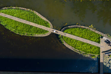 Luftaufnahme der Erasmusgracht-Brücke von oben, Erasmuspark, Amsterdam, Niederlande. - AAEF12545
