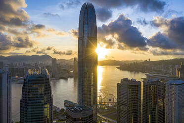 Aerial View of the IFC Tower in Hong Kong at sunset, Central and Western District, Hong Kong. - AAEF12581