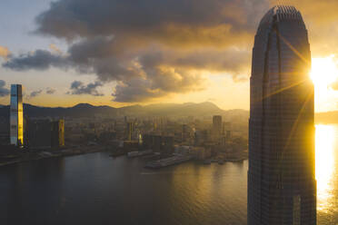 Aerial View of the IFC Tower in Hong Kong at sunset, Central and Western District, Hong Kong. - AAEF12582