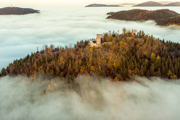 Panoramablick bei Sonnenuntergang auf das Schloss Yburg mit Nebelschwaden im Herbst, Varnhalt, Schwarzwald, Baden-Baden, Badische Weinstraße, Deutschland. - AAEF12661