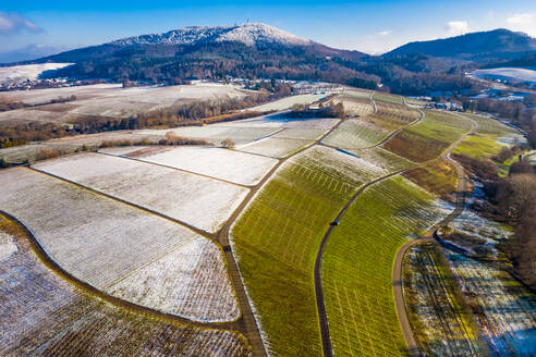 Panoramablick aus der Luft auf teilweise schneebedeckte Weinberge mit dem Fremersberg im Hintergrund in Baden Baden, Badische Weinstraße, Deutschland. - AAEF12664