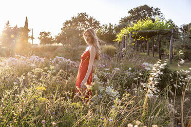 Beautiful woman in red dress standing amidst flowers in field - EIF01865