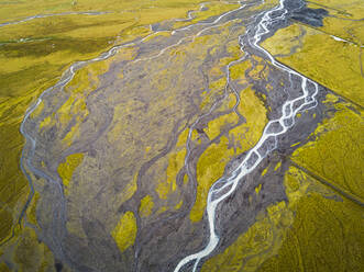 Aerial view of wide riverbed pattern in Iceland. - AAEF12704