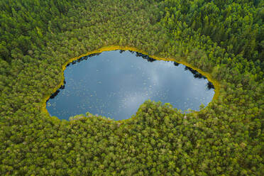 Luftaufnahme eines winzigen eiszeitlichen Sees in der Nähe von Moletai, Litauen, mit schöner Himmelsreflexion auf der Wasseroberfläche. - AAEF12742