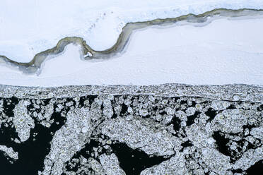 Aerial view of ice floes formations in Neman river in winter time near Kaunas, Lithuania. - AAEF12765