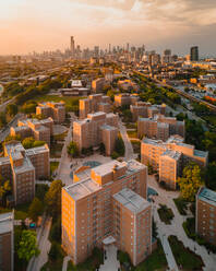 Aerial view of neighborhood in Chicago at sunset, Chicago, USA - AAEF13026