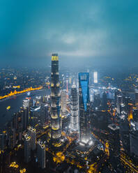 Aerial view of rainy Lujiazui area at night, Shanghai, China - AAEF13036