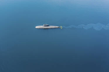 Aerial view of a submarine crossing the bay Bukhta Patrol in Vladivostok, Primorsky Krai, Russia. - AAEF13093