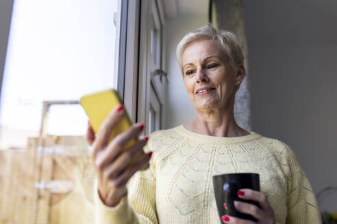 Frau benutzt Smartphone zu Hause - WPEF05136