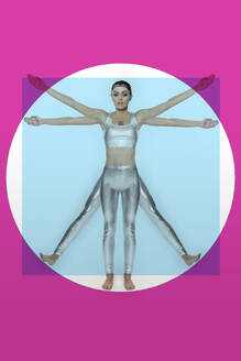 Robotic young woman in Vitruvian position over pink background - EIF01916
