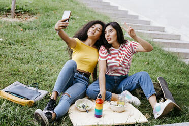 Junge Frau nimmt Selfie durch Handy mit weiblichen Freund gestikulieren Friedenszeichen beim Sitzen im Park - TCEF02057