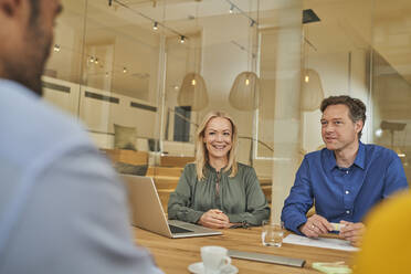 Business professionals having discussion in board room - AKLF00428