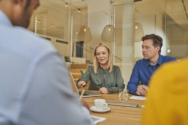 Mature businesswoman pointing at laptop while explaining strategy to colleagues during meeting - AKLF00429