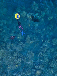 Luftaufnahme einer Frau, die zwischen zwei Mantarochen im blauen Wasser des Pazifischen Ozeans schwimmt - KNTF06356