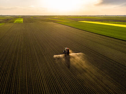 Luftaufnahme eines Traktors beim Sprühen von Sojabohnen bei Sonnenuntergang - NOF00338